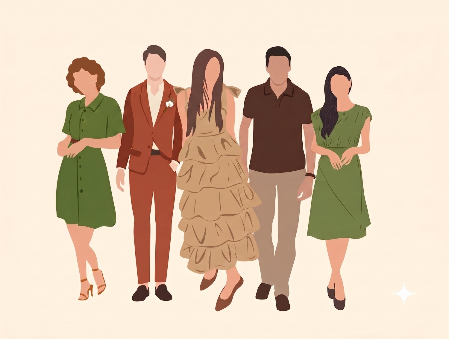 Illustration of guests in earth tones and matcha green attire
