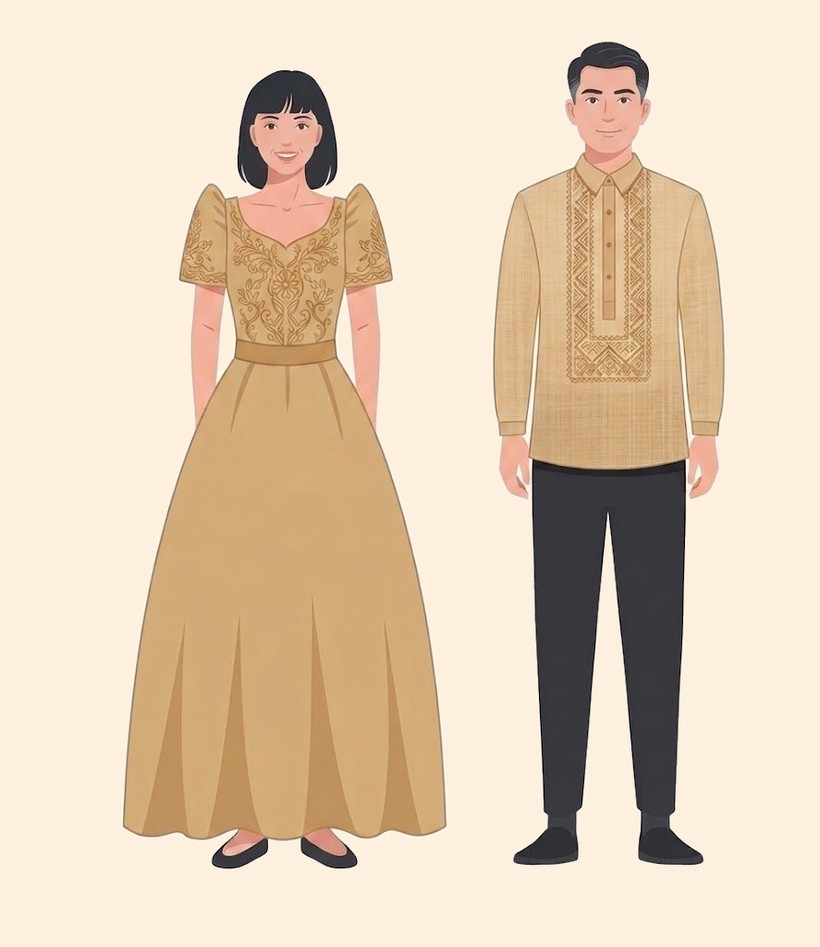 Illustration of a Filipiniana gown and Barong Tagalog for the principal sponsors
